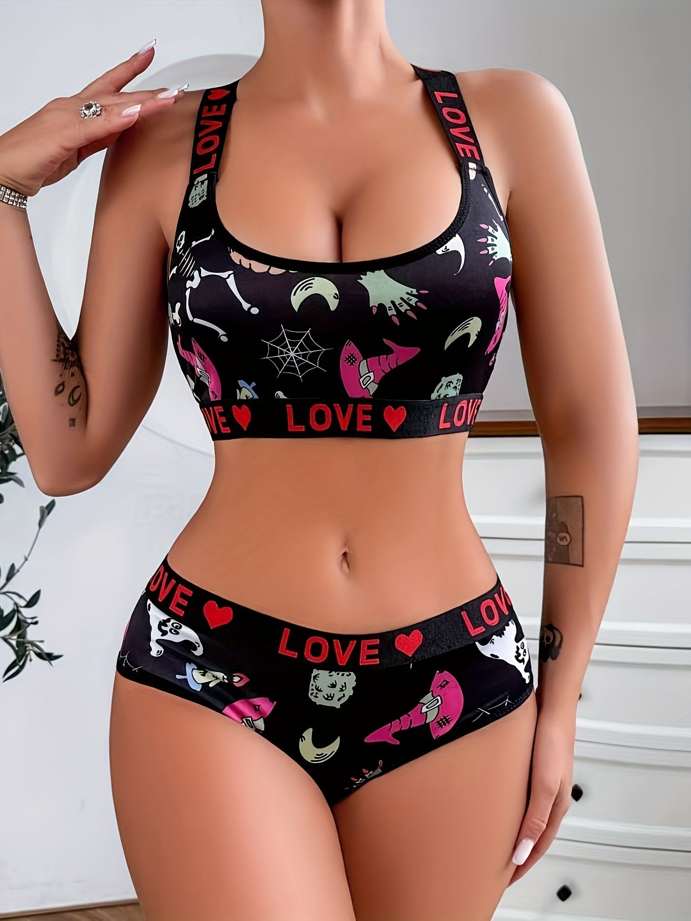 Color Block Letter Print Lingerie Set for Active Women Tank Top and Panties