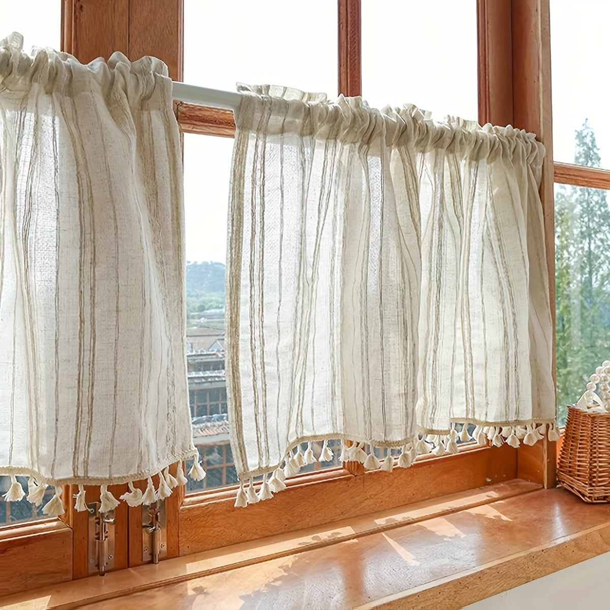 Vintage Linen Blend Cafe Curtain with Tassel Edges Light-Filtering Rod Pocket for Kitchen Dining