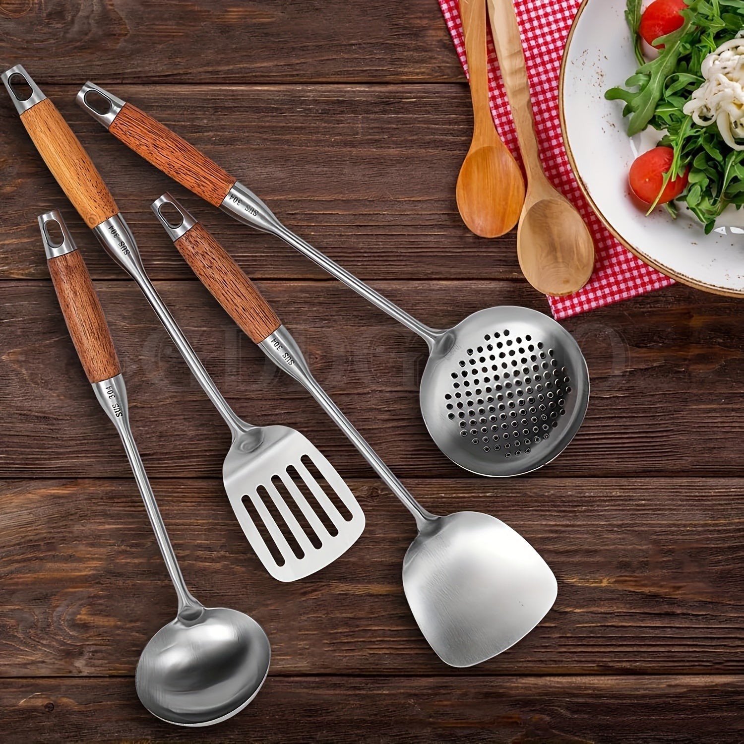 Seven-Piece Stainless Steel Cooking Utensil Set with Rotating Storage Stand