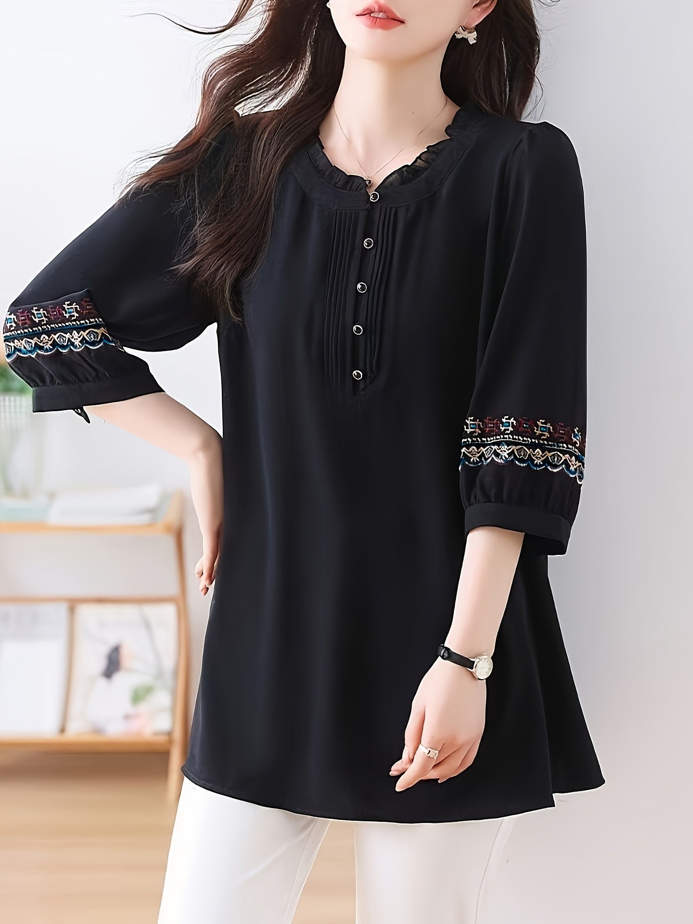 Блузка больших размеров с вышивкой для женщин свободного кроя с круглым вырезом и рукавом 3/4
