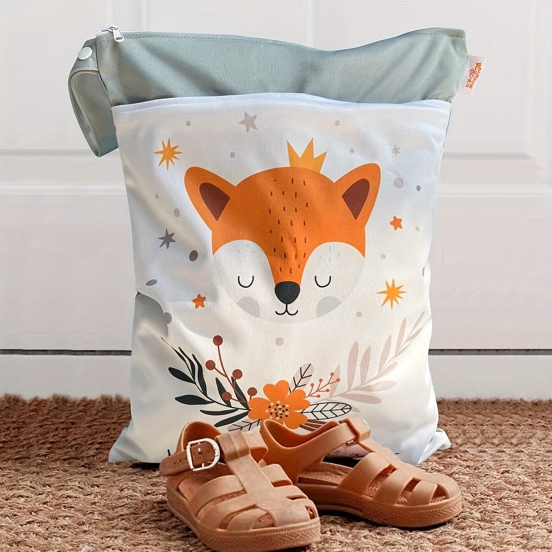 Waterproof Diaper Bag with Fox Print Double Zipper Trolley Hanging Bag for Travel