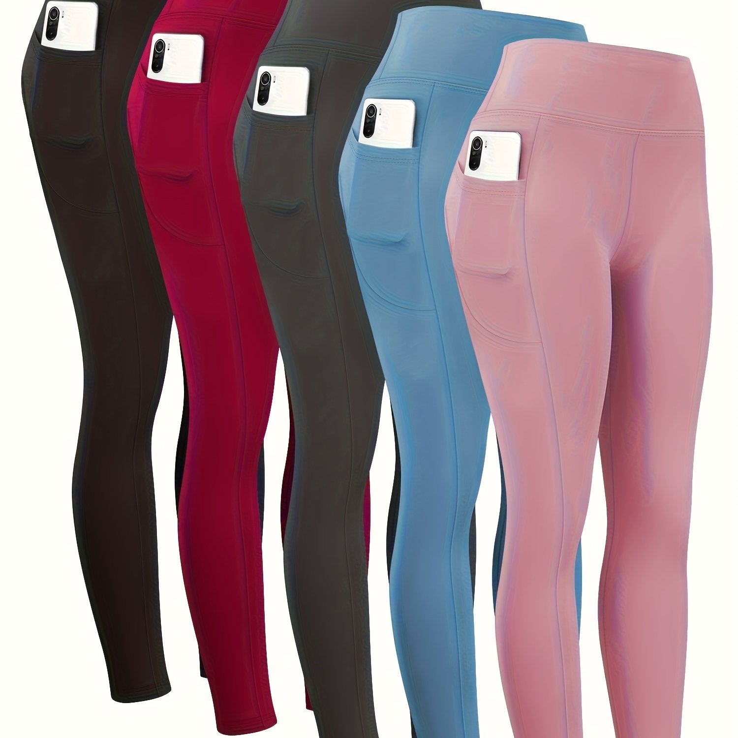 Leggings de yoga de cintura alta para mujer con control de abdomen y bolsillos negro rojo azul rosa
