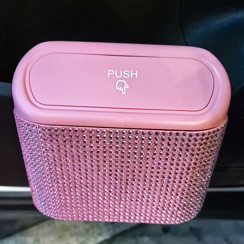 Car Interior Hanging Trash Can with Artificial Rhinestone Inlay Multi-Functional Storage