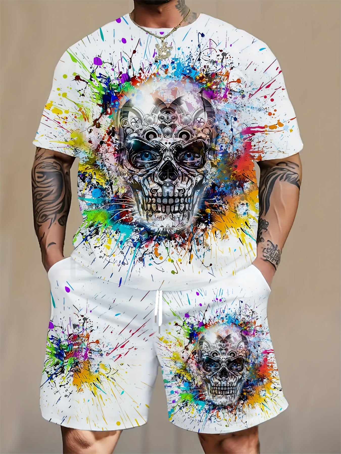 Men's Plus Size 2-Piece Set Crew Neck Skull Print T-Shirt and Drawstring Shorts Polyester