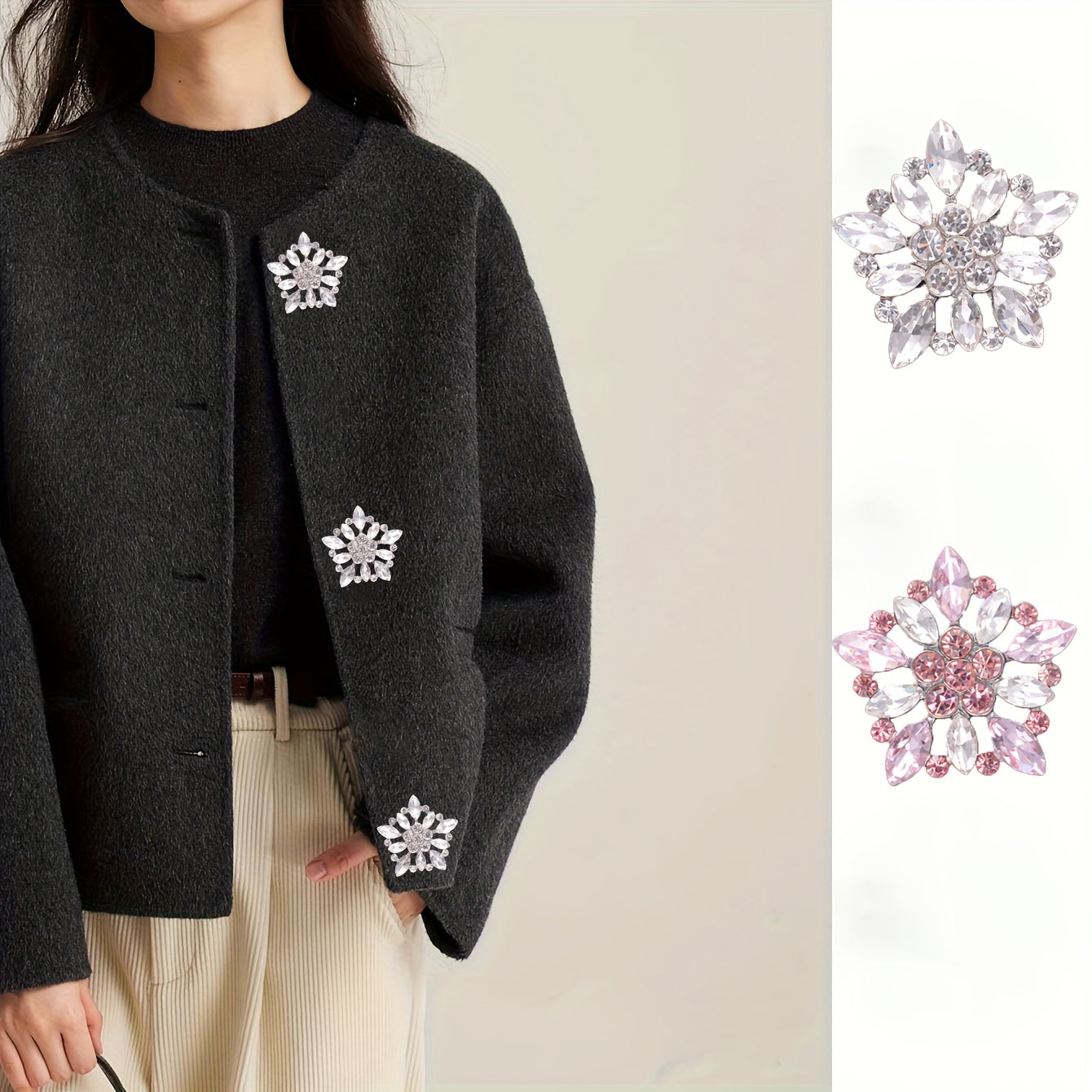 Crystal-Encrusted Metal Buttons Set of 3 or 5 for Clothing, Crafts, Gift Wrapping