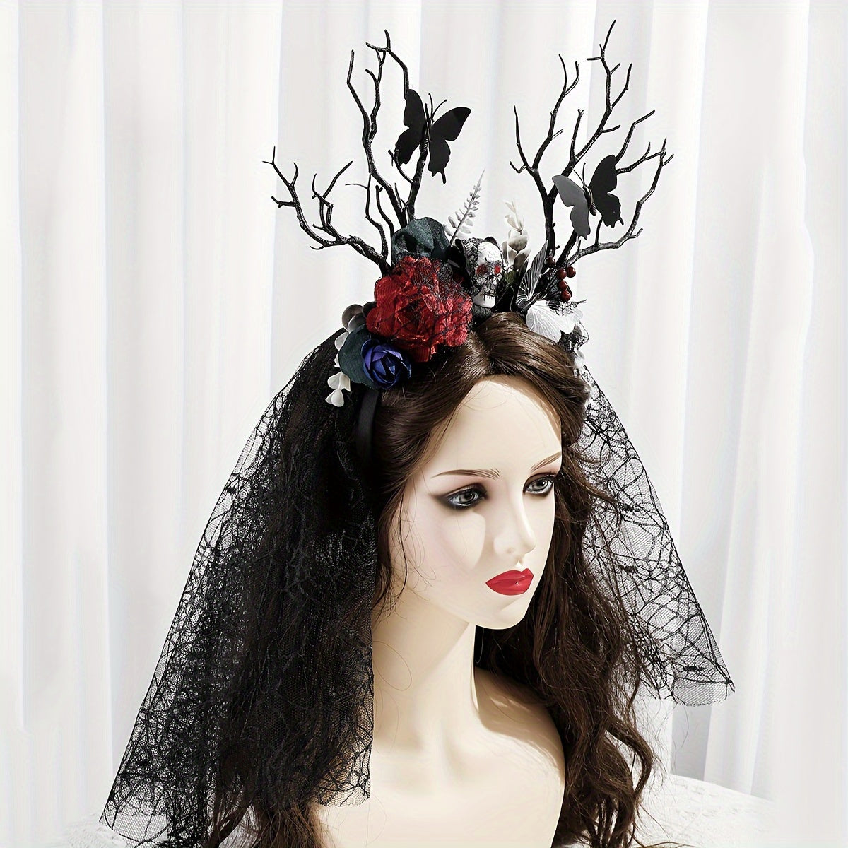 Qora farishta gul boshi bilan qargʻa tarmogʻi toʻqilgan qargʻa bosh kiyim Halloween kostyumlari uchun