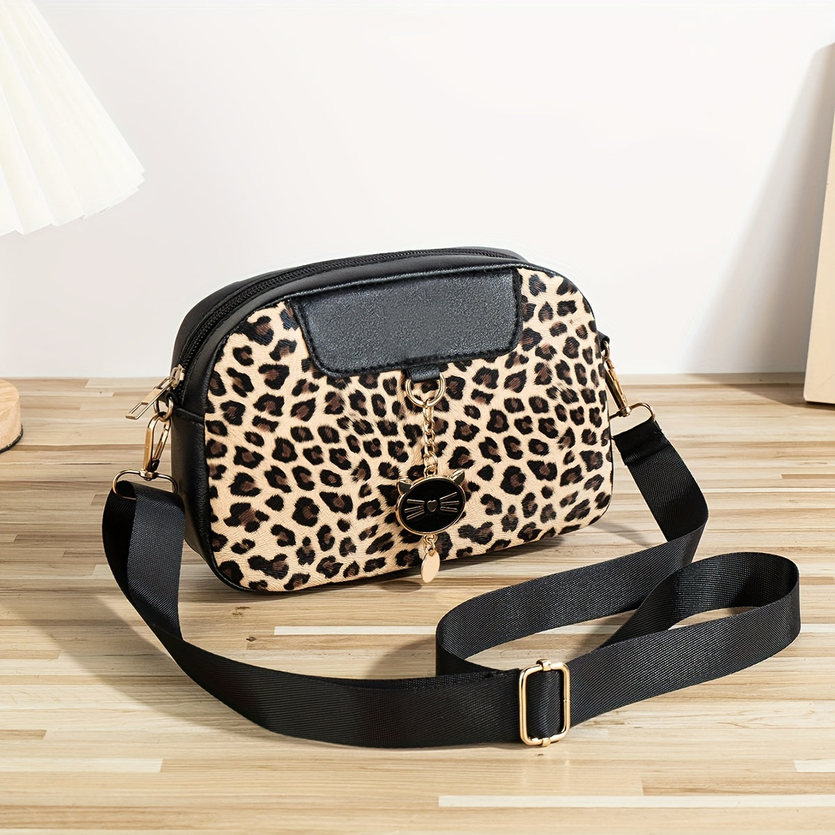 Leopard Print Crossbody Bag for Women with Adjustable Strap Cat Charm Zipper Closure