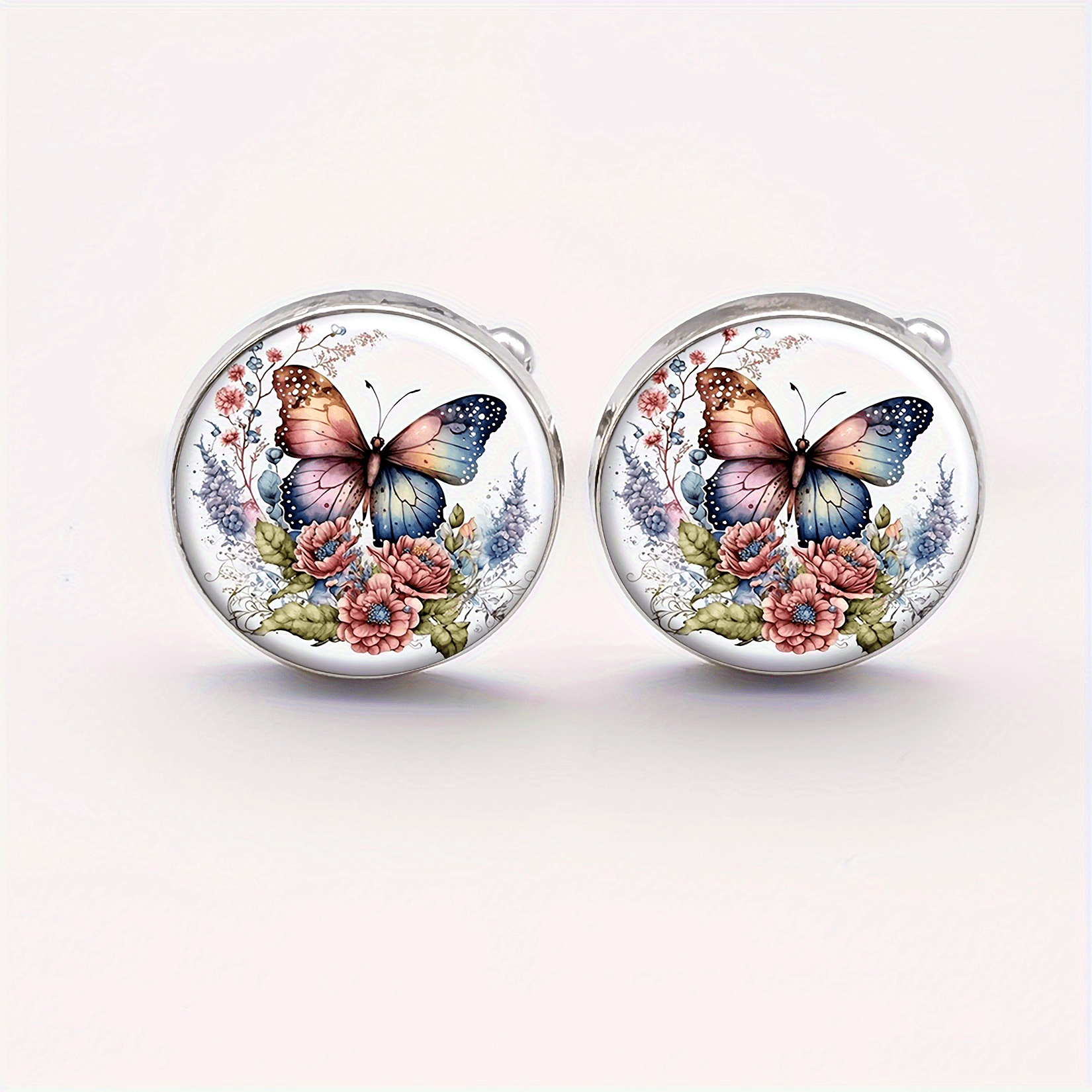 Men and Women Metal Cufflinks Set with Vintage Butterfly Floral Design for Tuxedo or Wedding
