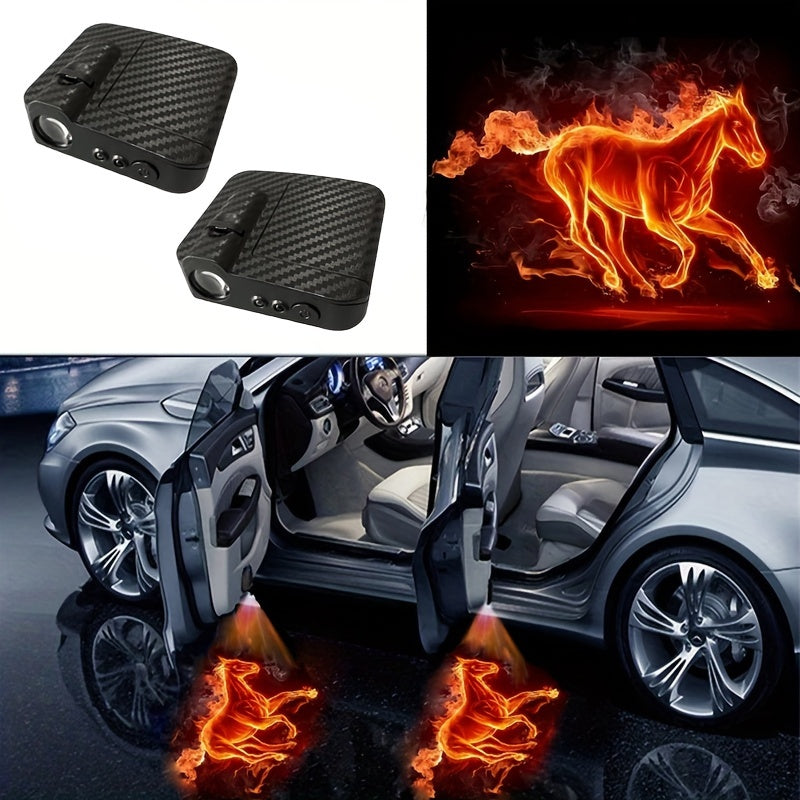 2pcs Wireless LED Car Door Projector Lights 3D Blue Fire Tiger Skull No-Drill Installation