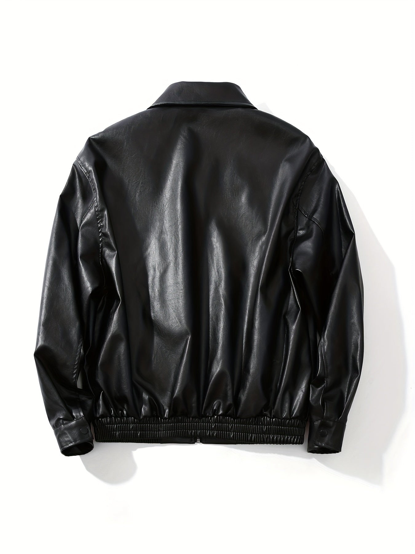Black Glossy Finish Loose Fit Jacket with Zipper, Long Sleeves, Casual Style