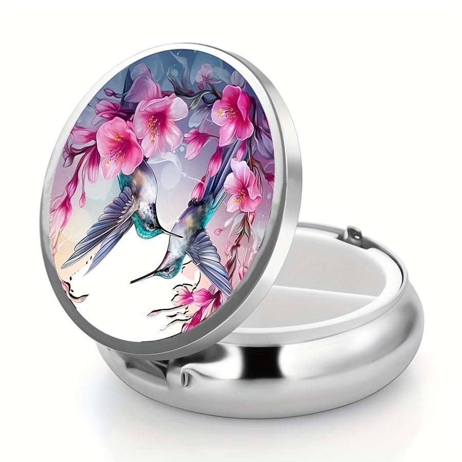 Women's Hummingbird Round Pill Box 3 Compartments Travel Organizer Portable