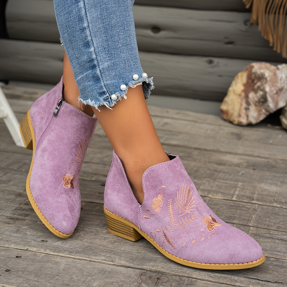 Women's Ankle Boots Embroidered Pointed Toe Side Zipper Mid-Heel Non-Slip Sole