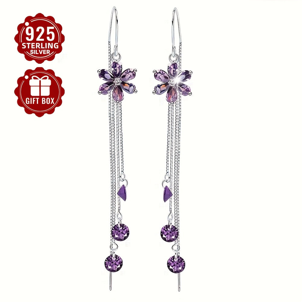 Sterling Silver Purple Flower Tassel Earrings for Women Elegant Jewelry Gift