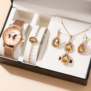 Women's Watch and Bracelet Set with Crystal Detailing and Faux Leather Strap