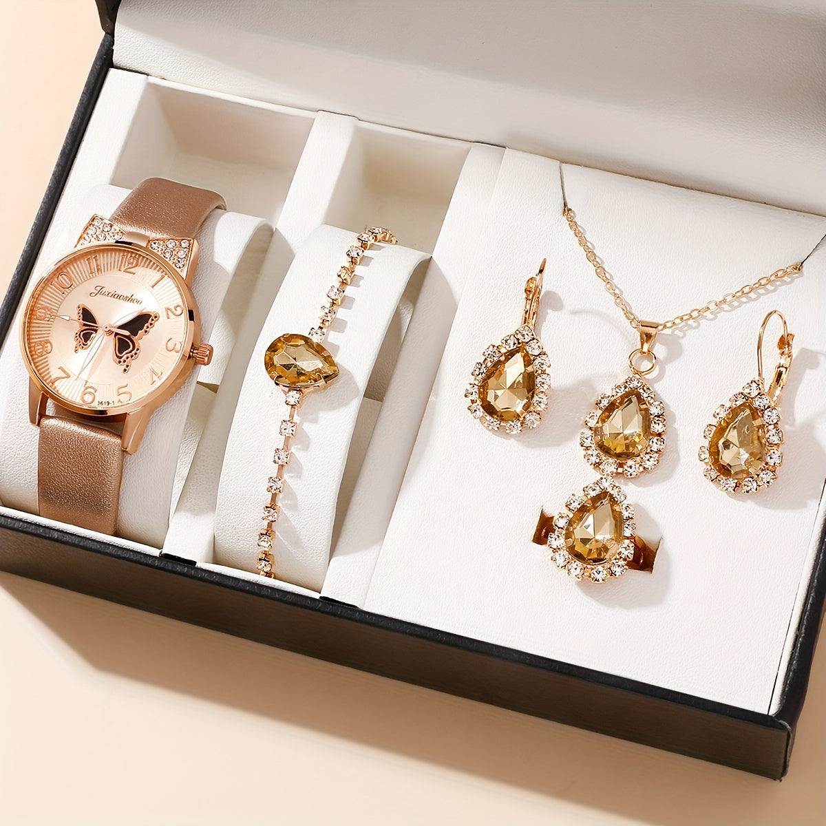 Women's Watch and Bracelet Set with Crystal Detailing and Faux Leather Strap