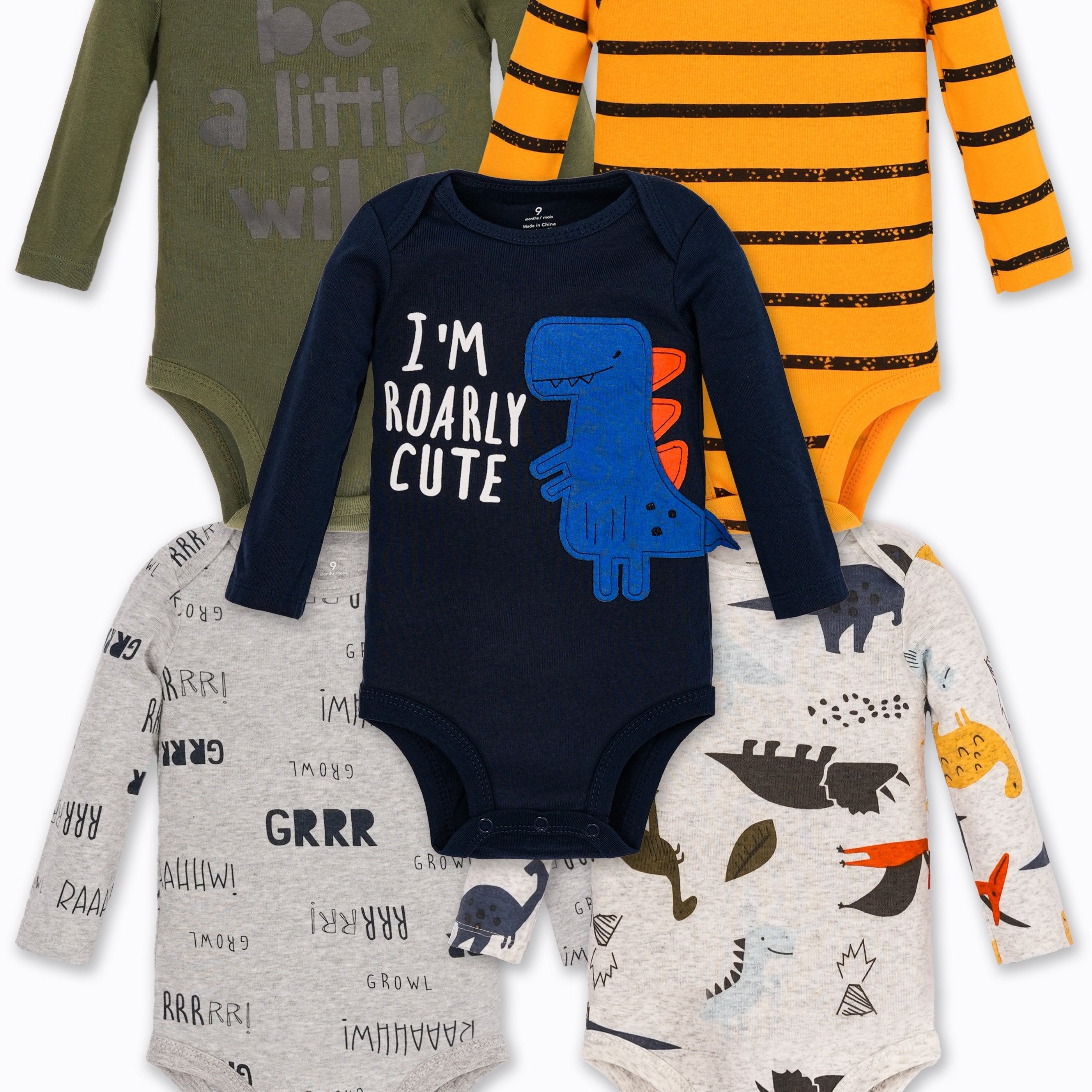 Baby Boys Cotton Bodysuits Set 5 Creatively Patterned Long Sleeve Spring Fall