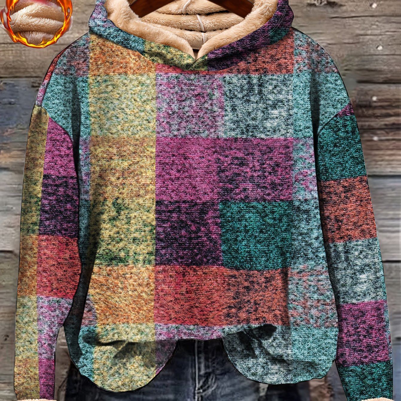 Plus Size Women Fleece-Lined Geometric Color Block Hoodie Long Sleeve Winter