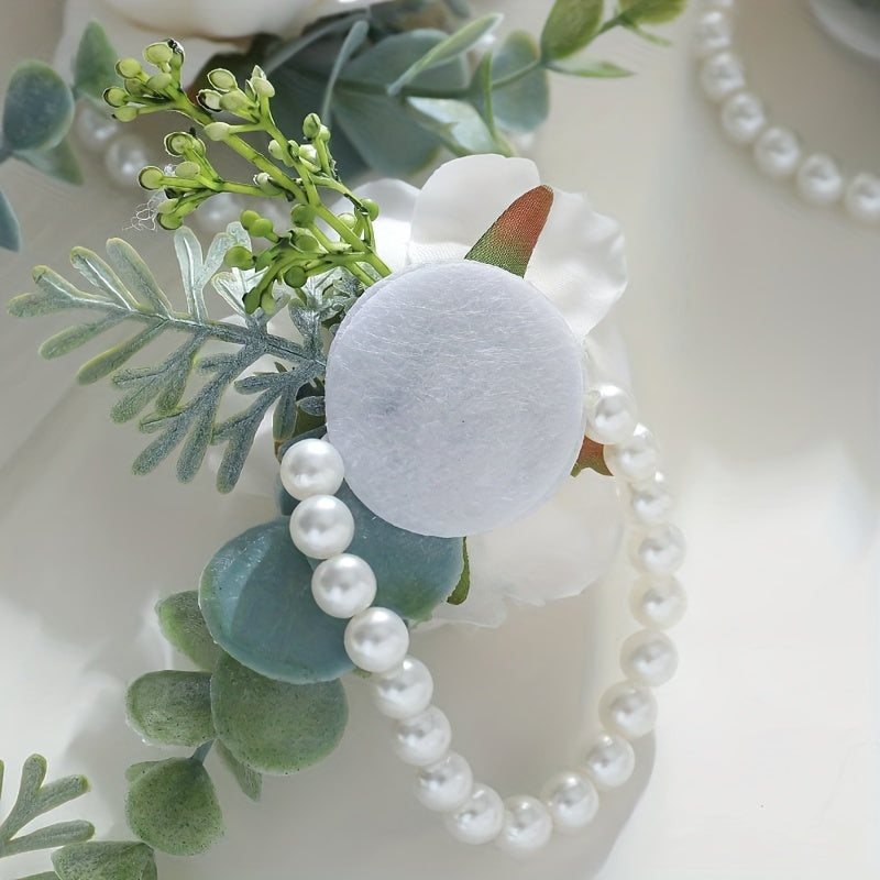 Romantic Wrist Corsage with Roses and Faux Pearls for Weddings and Parties