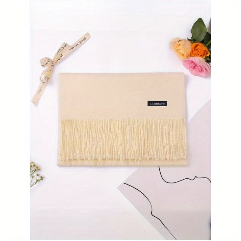 Cashmere-Feel Boho Tassel Scarf for Fall Winter Solid Colors Windproof Stylish