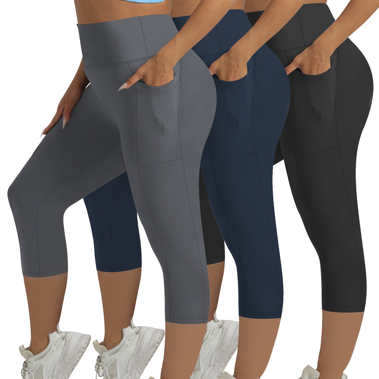 Plus Size Women's High-Waisted Tummy Control Capri Leggings 3-Pack