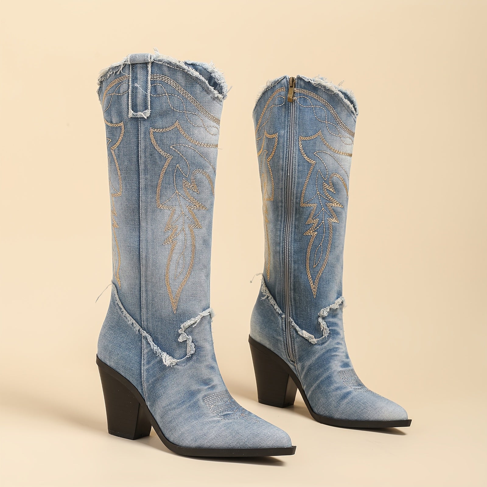 Женские кожаные сапоги до колена с вышивкой в стиле вестерн и рыцарским дизайном