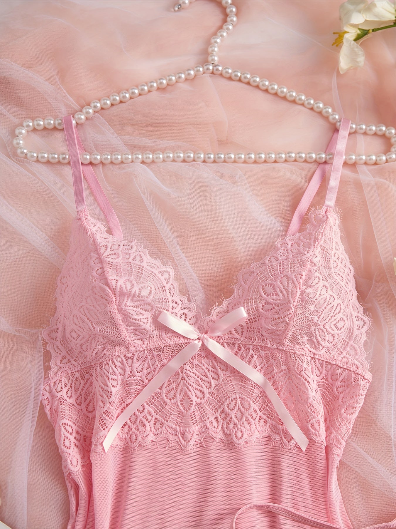 Women's Satin Pajama Set with V-Neck Lace Hem and Lace Strap Skirt