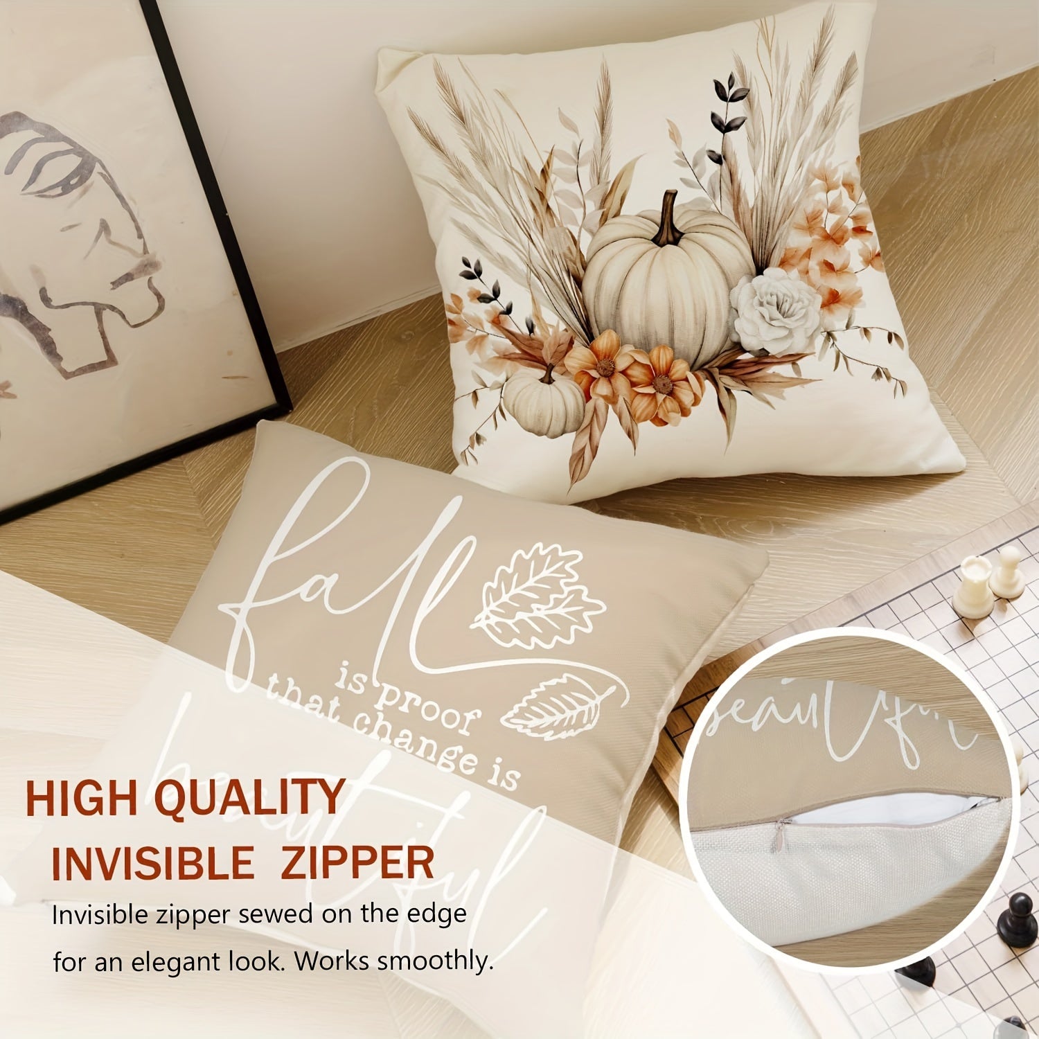 Набор из 4-х наволочек из льняной смеси с осенним акварельным принтом тыквы и пшеницы. Машинная стирка, с застежкой на молнии. Идеально подходит для деревенского декора, подходит для подушек размером 45,72x45,72 см.