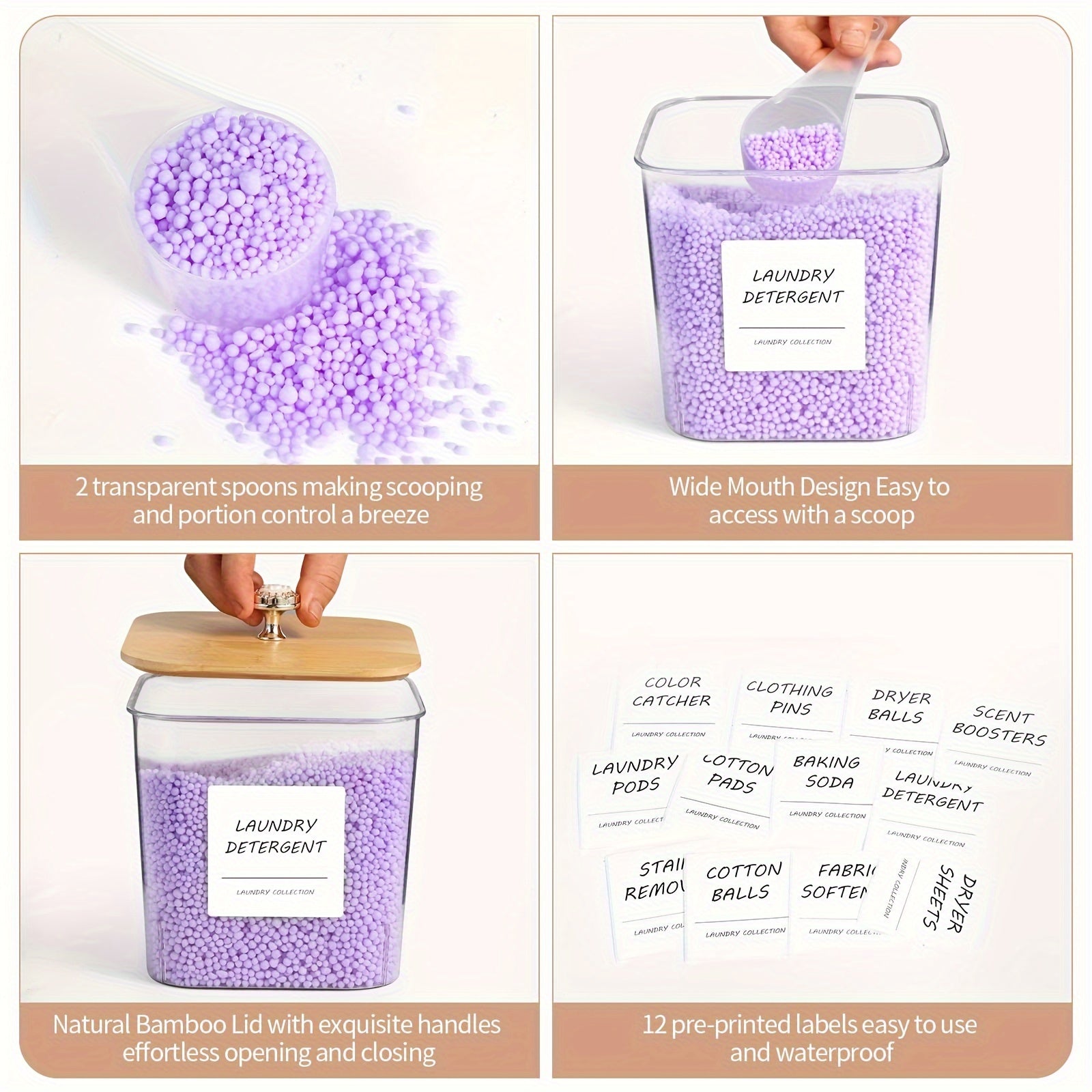 Set of 3 Clear Plastic Laundry Storage Containers with Lids, Scoops, Labels