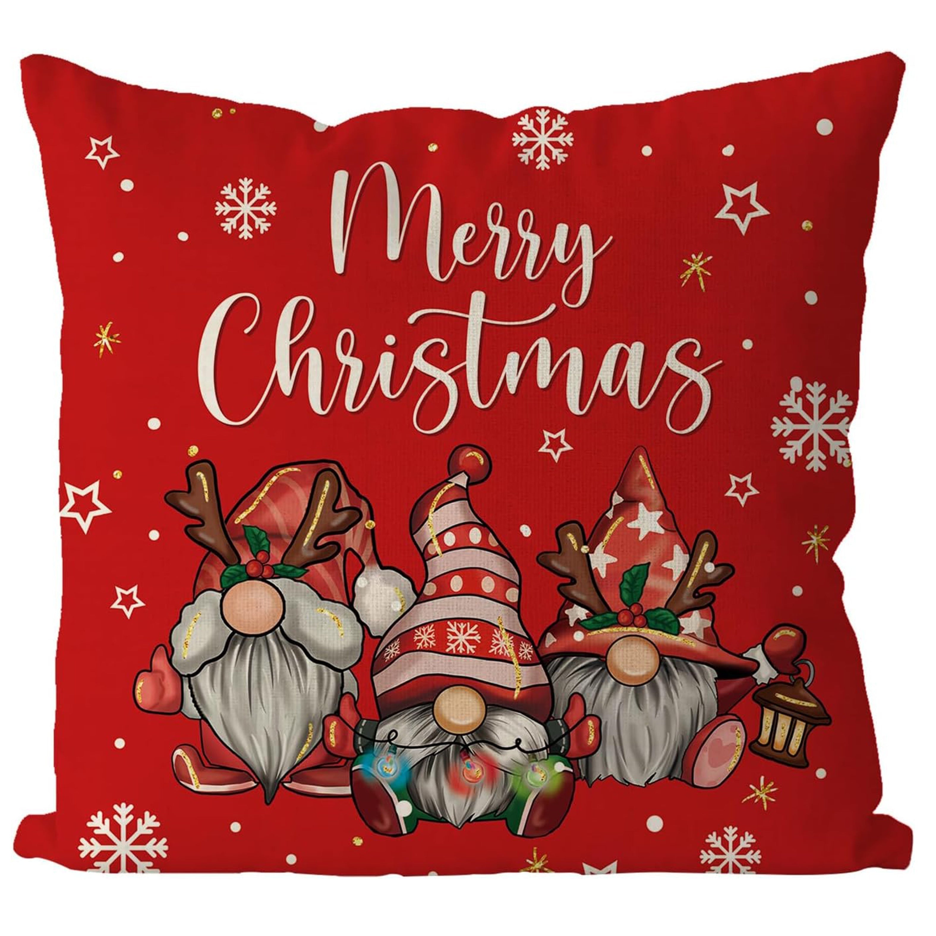 Christmas Gnome Linen Pillowcase Red Holiday Cushion Cover Zipper Machine Washable