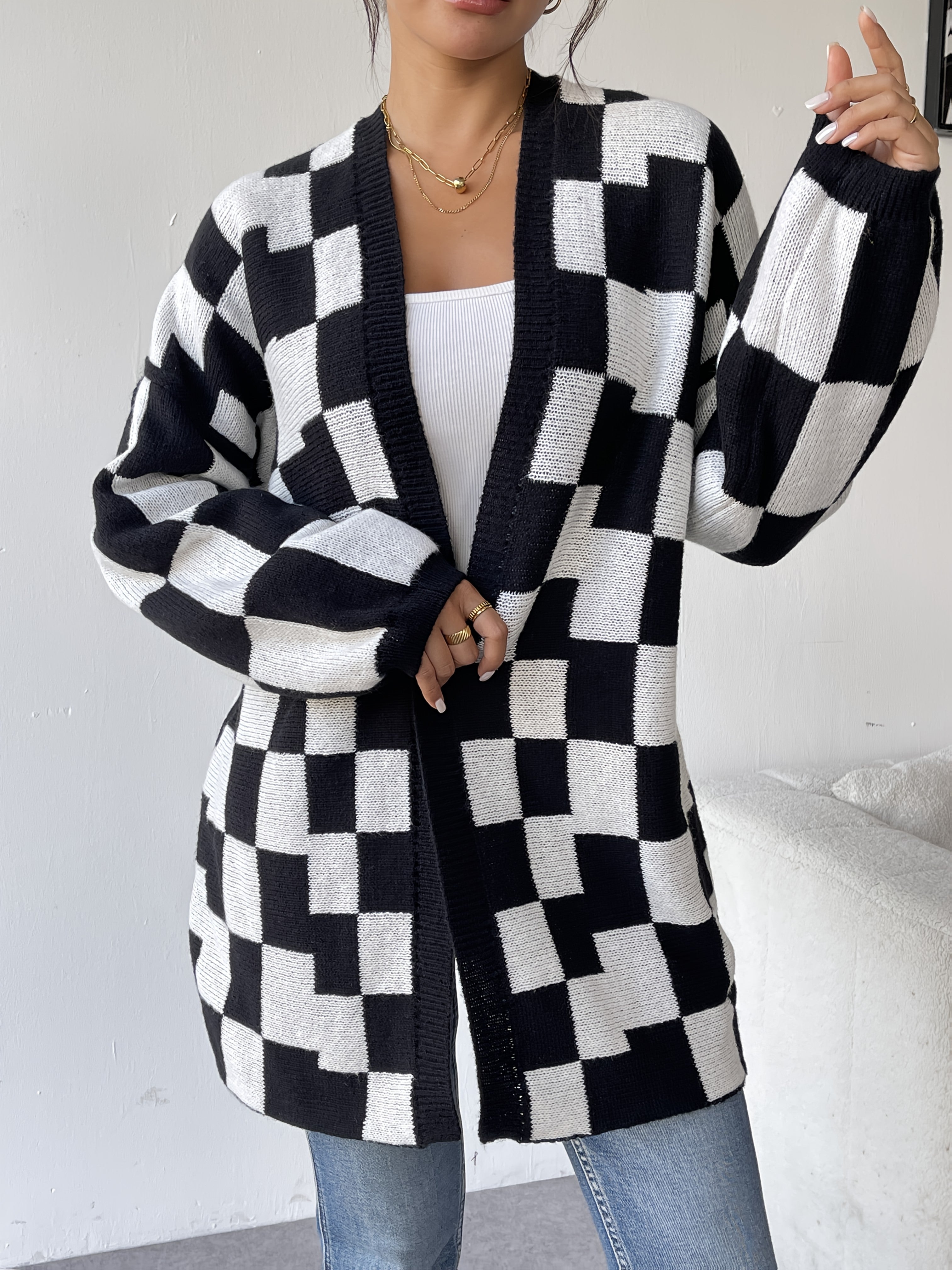 Women's Plus Size Black and White Checkered Open Front Cardigan Sweater