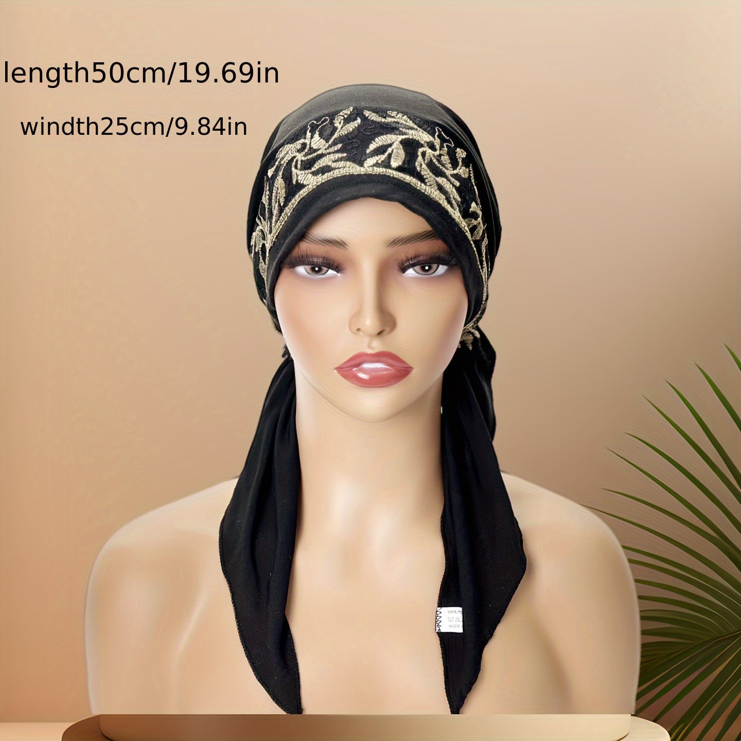 Black Elastic Chemo Hat with Embroidered Turban Design and Tails