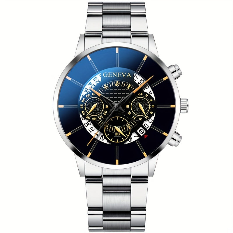 Men's Quartz Watch Stainless Steel Band Calendar Feature