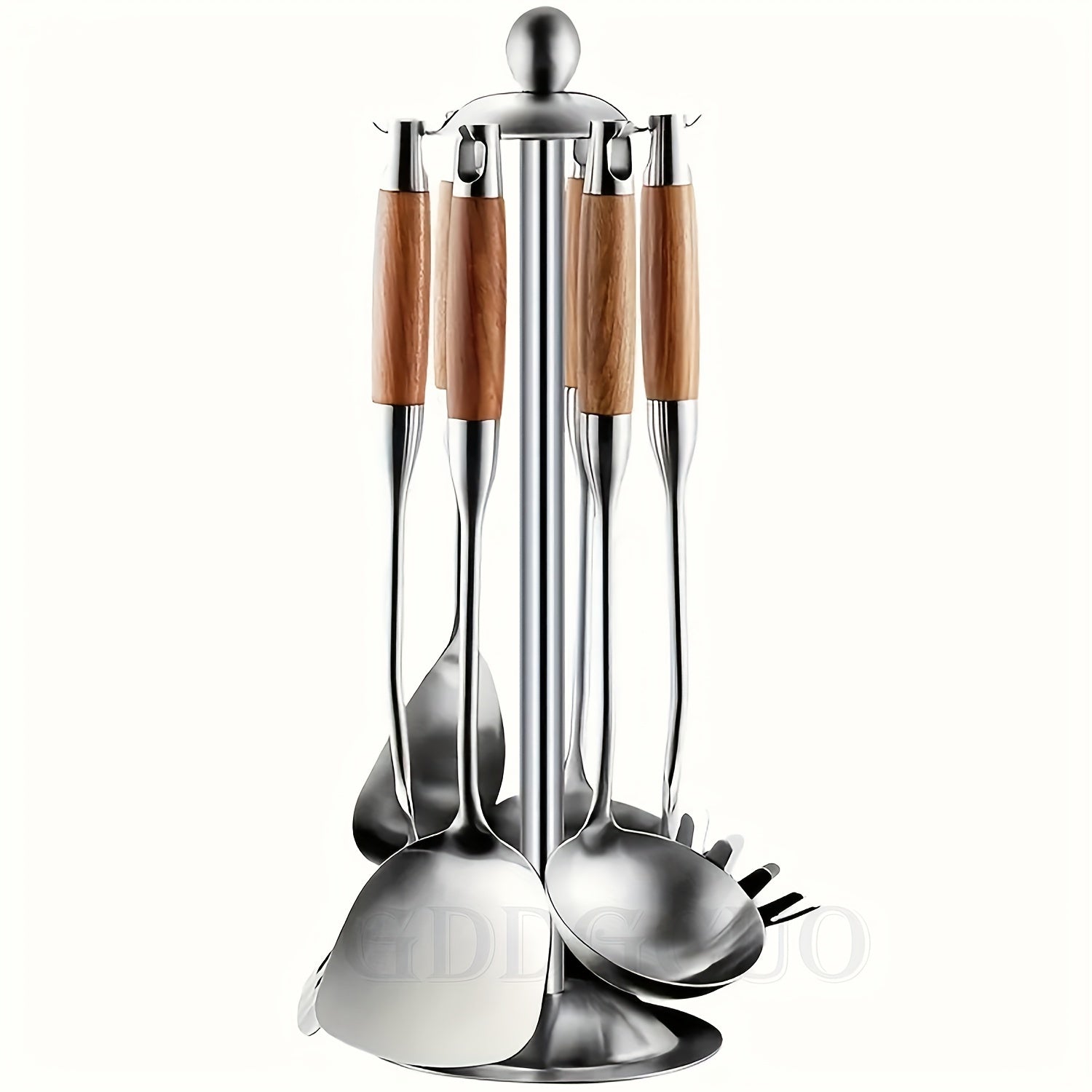 Seven-Piece Stainless Steel Cooking Utensil Set with Rotating Storage Stand