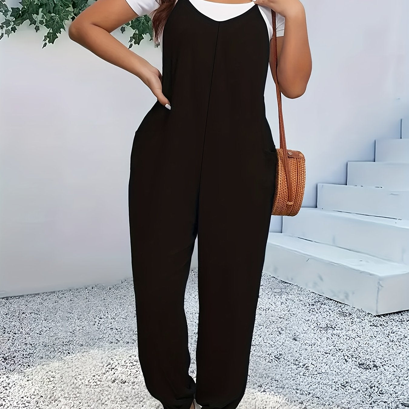 Women's Knit Pants V-Neck Slingback Plus Size Solid Polyester Pocket