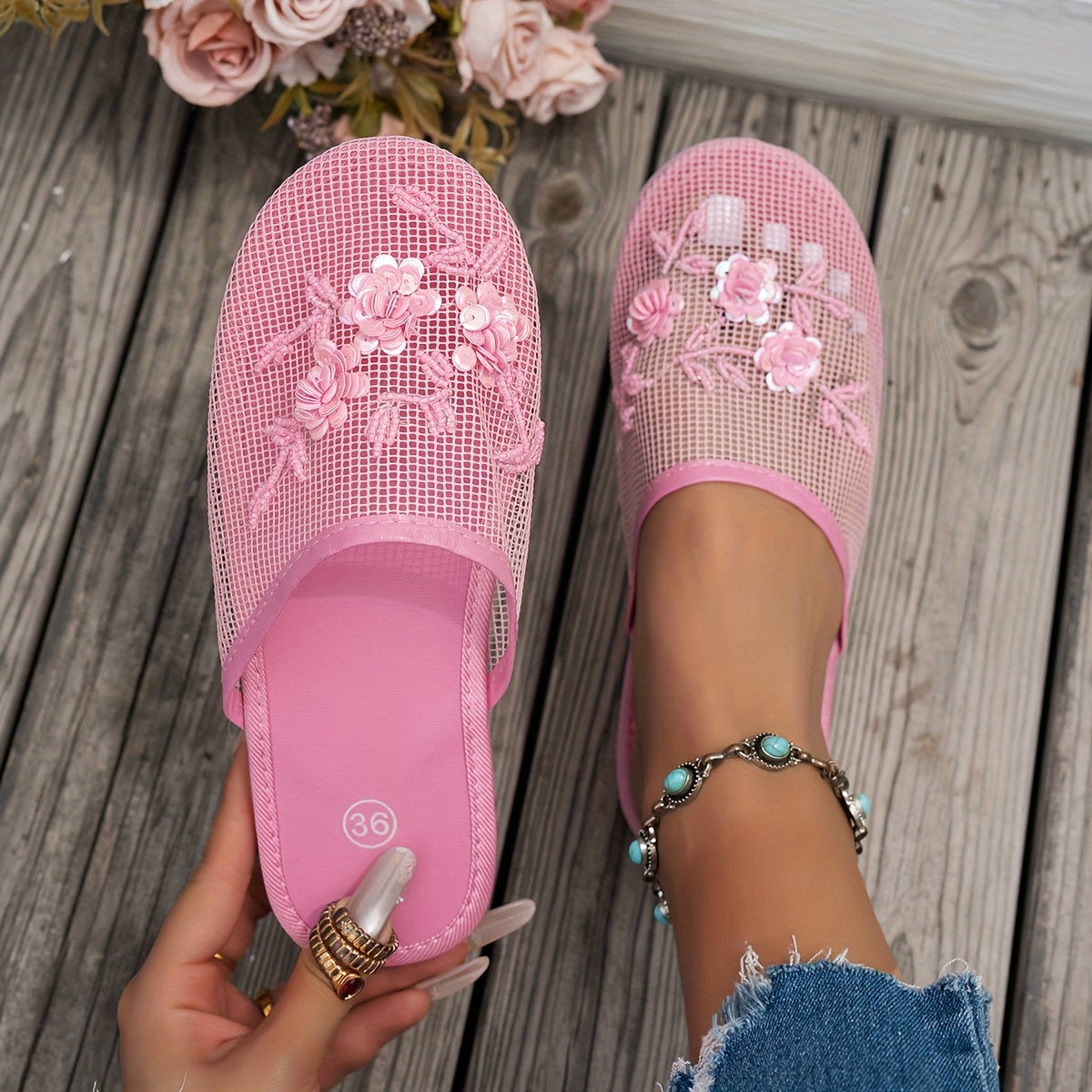 Women's Black Mesh Slide Sandals with Spider Web Pattern Lightweights