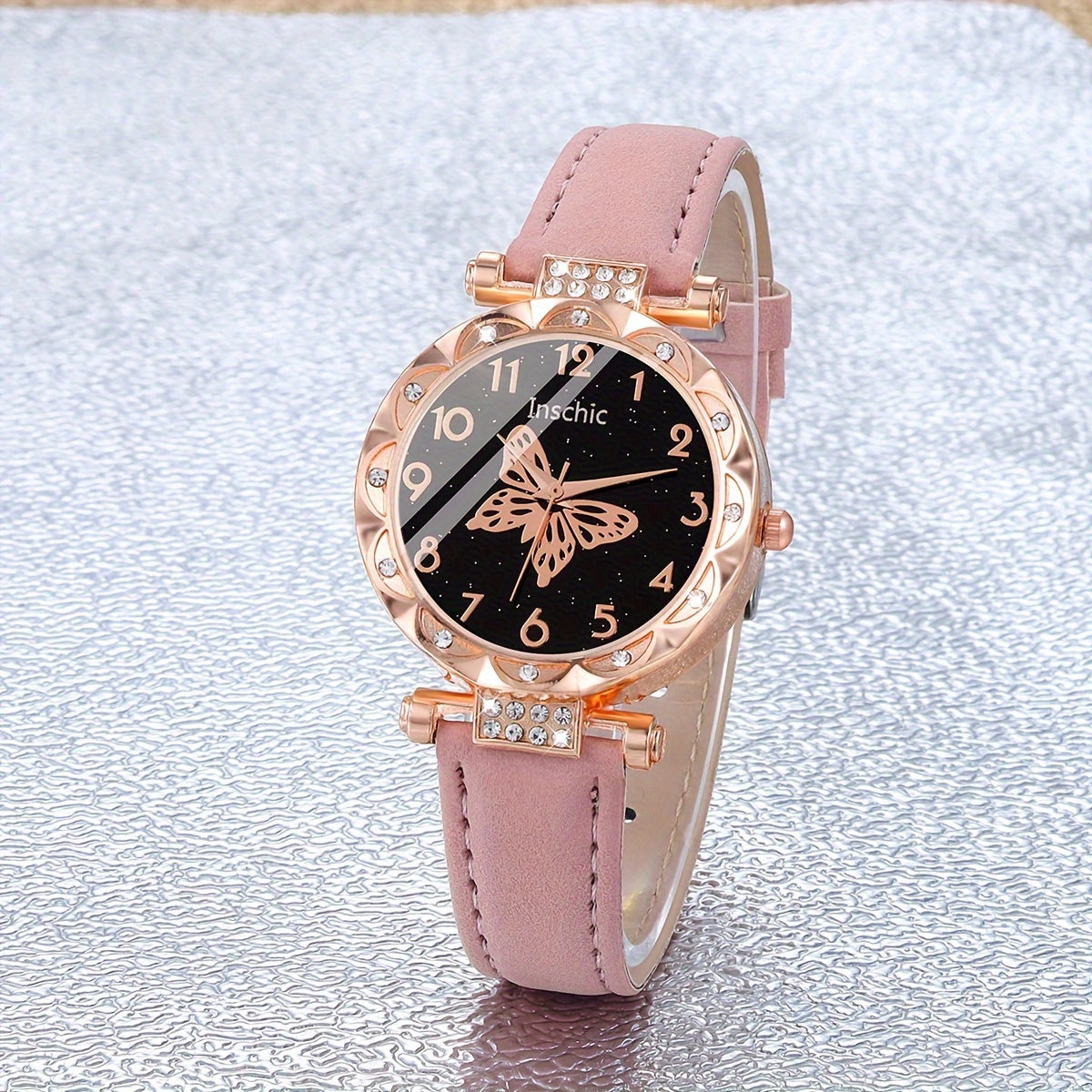 Pink Quartz Watch with PU Leather Strap Zinc Alloy Dial and Butterfly Jewelry for Women