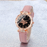 Pink Quartz Watch with PU Leather Strap Zinc Alloy Dial and Butterfly Jewelry for Women