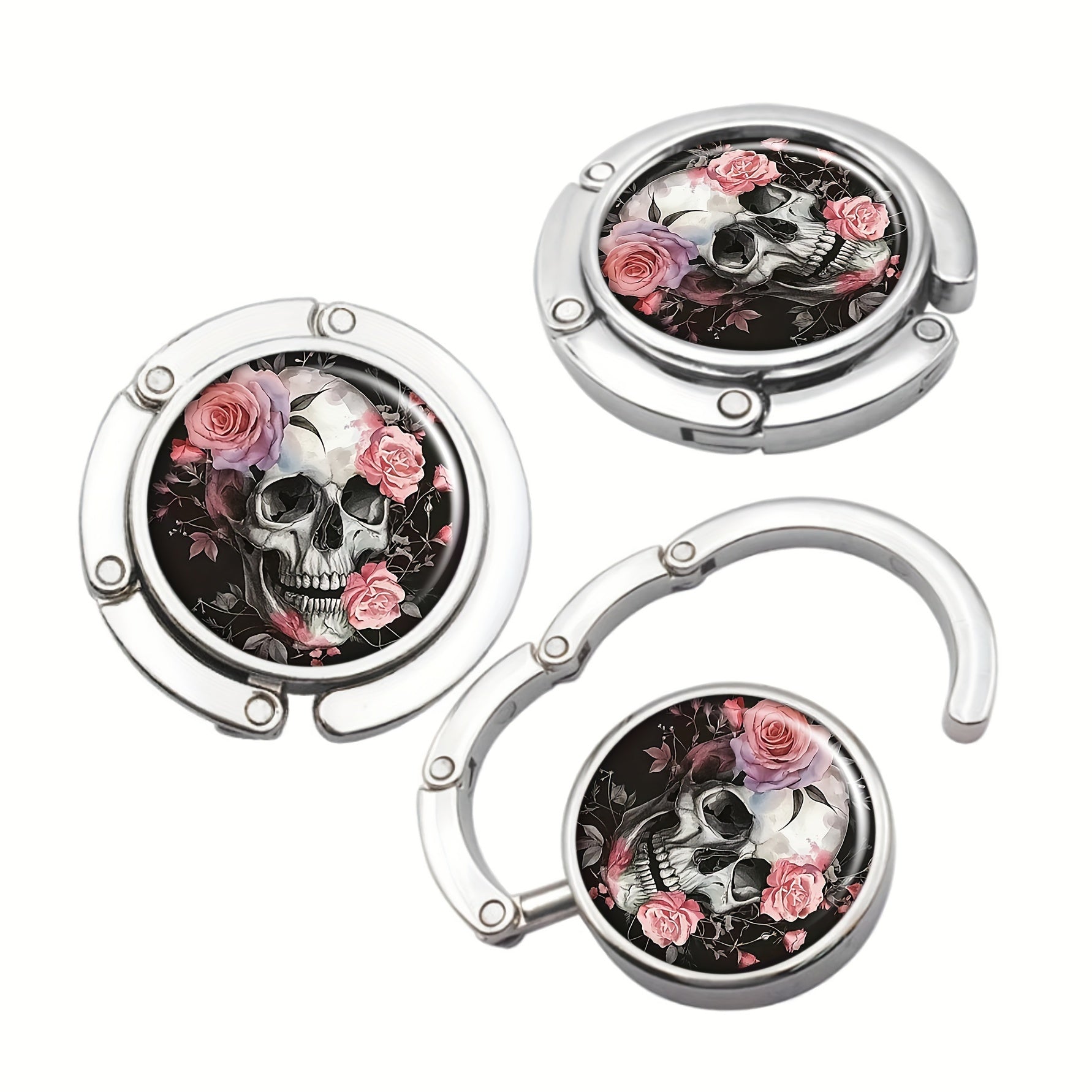 Foldable Handbag Hanger with Floral Sugar Skull Design Zinc Alloy Purse Hook