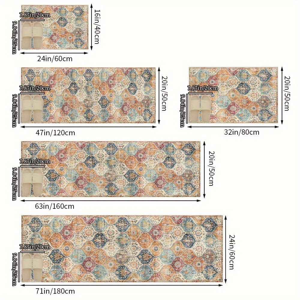 Moroccan Bohemian Kitchen Rug Non-Slip Absorbent Rectangular Polyester Easy Clean
