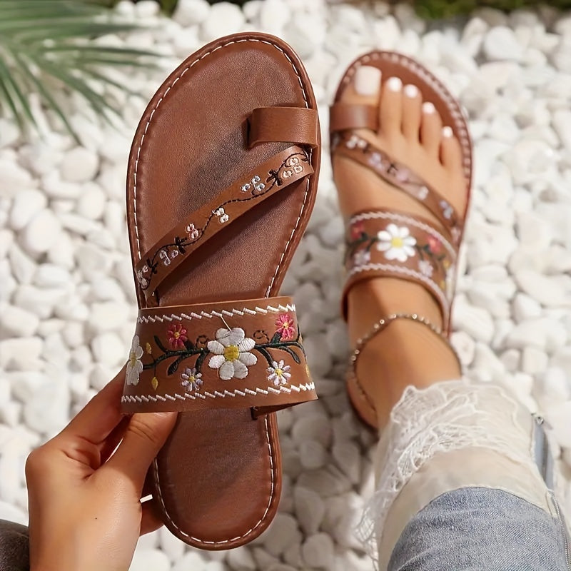 Ladies Open-Toe Embroidered Summer Slippers Breathable Flat Shoes