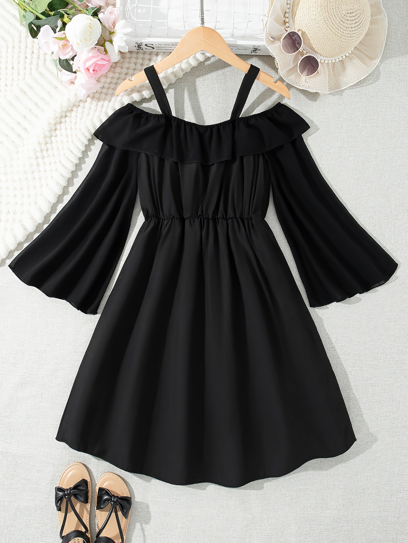 Girls Black Chiffon Dress with Off-Shoulder Ruffle Detail for Summer Casual Wear
