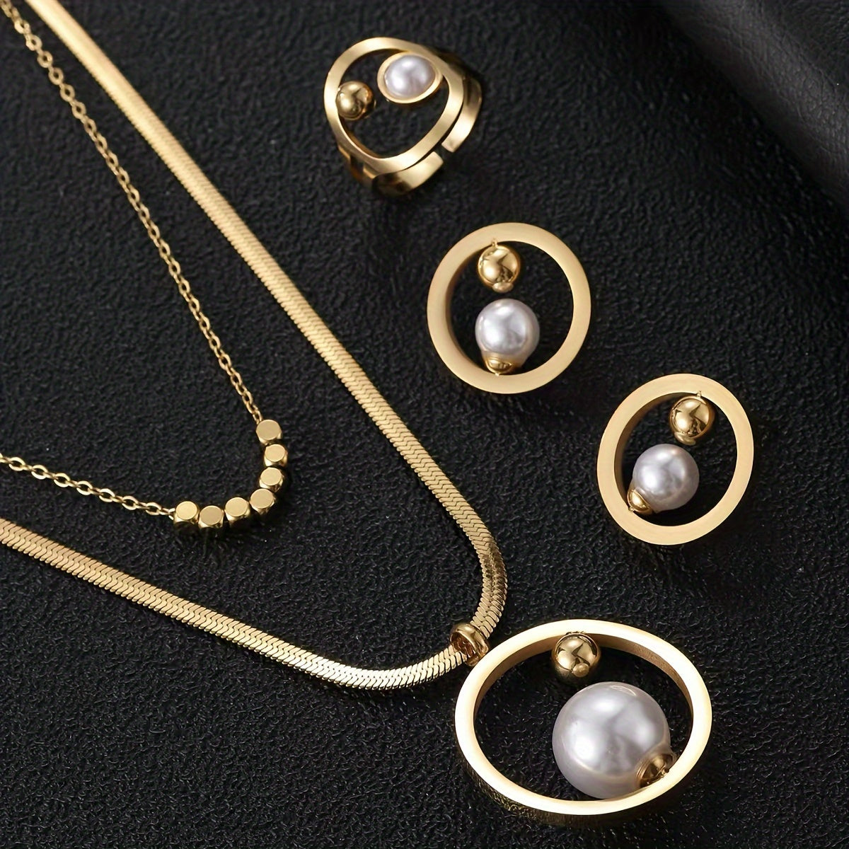 Vintage Jewelry Set for Women Titanium Steel Necklace Earrings Ring with Freshwater Pearls