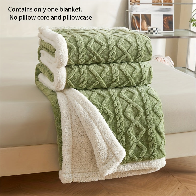 Luxurious Green Double-Layer Taffeta Fleece Blanket with Lamb Velvet and Cuff for All Seasons