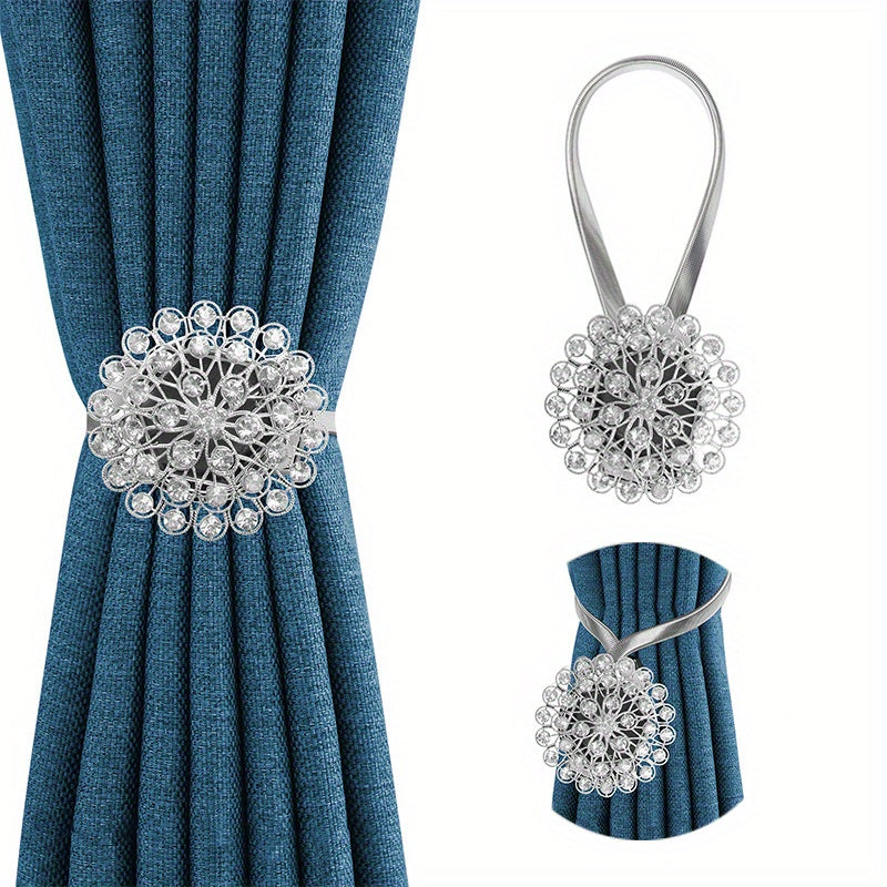 Magnetic Curtain Tieback with Crystal Flower and Elastic Spring Wire for Home Office