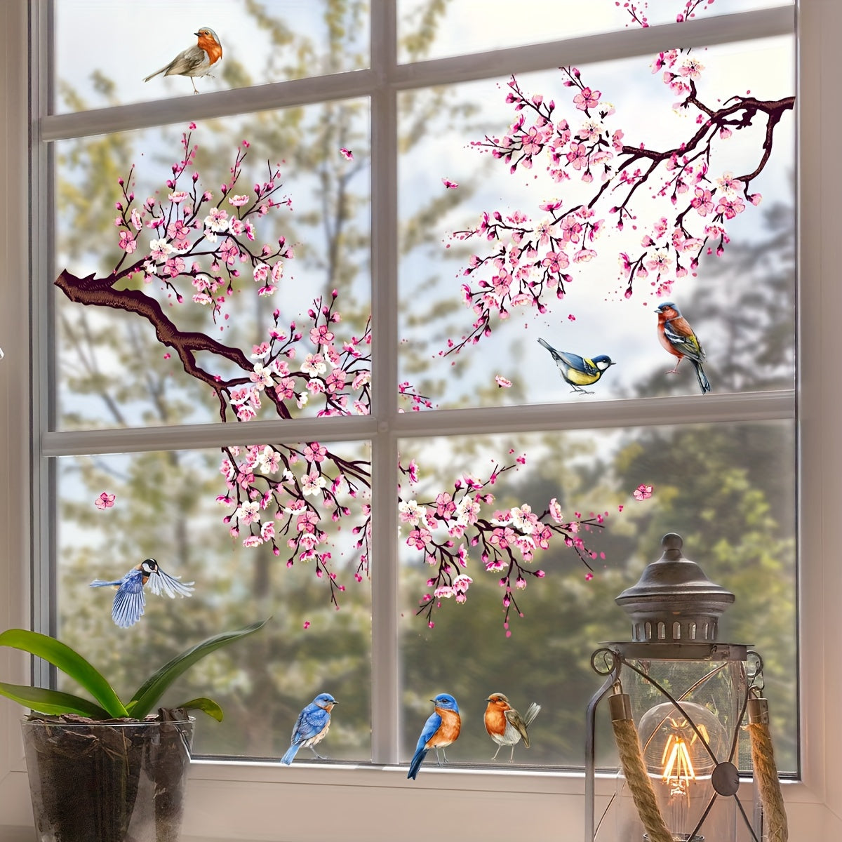 Dual-Sided Pink Floral Bird Glass Window Clings Reusable Decorative Stickers