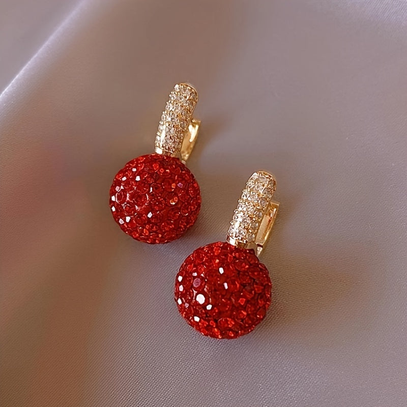 Red Ball Dangle Earrings with Rhinestones for Daily Casual Wear