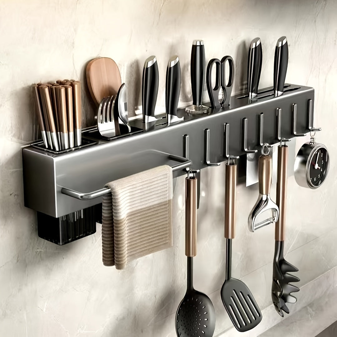 Wall-Mounted Carbon Steel Kitchen Organizer with Drainage and Towel Holder
