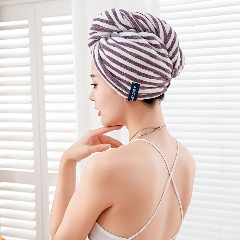 Blue and White Striped Hair Towel Wrap with Button Closure Ultra-Soft Absorbent Quick Dry