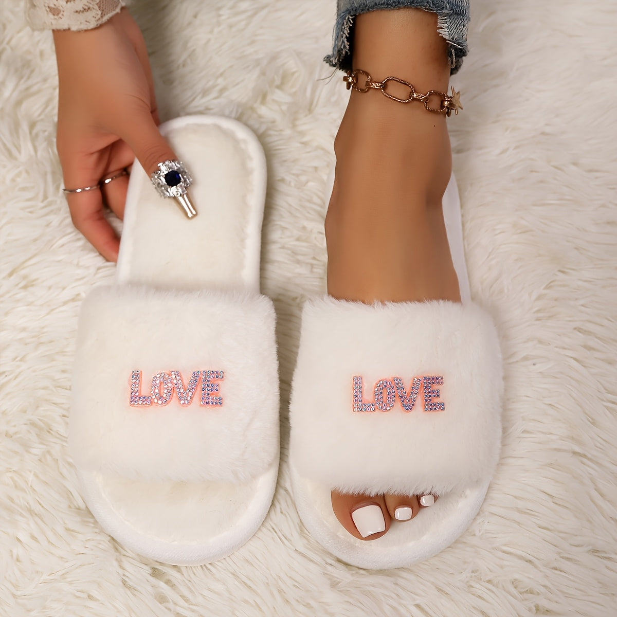 Women's Faux Fur Slip-On Slippers with "LOVE" Print Indoor Outdoor Comfort