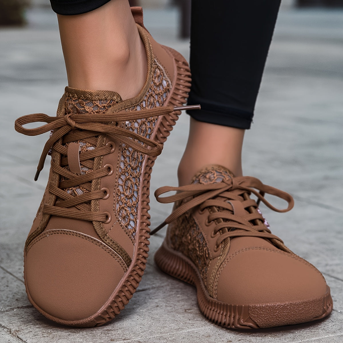 Women Spring/Summer Mesh Lace-Up Sneakers Wide Fit Breathable Rubber Sole